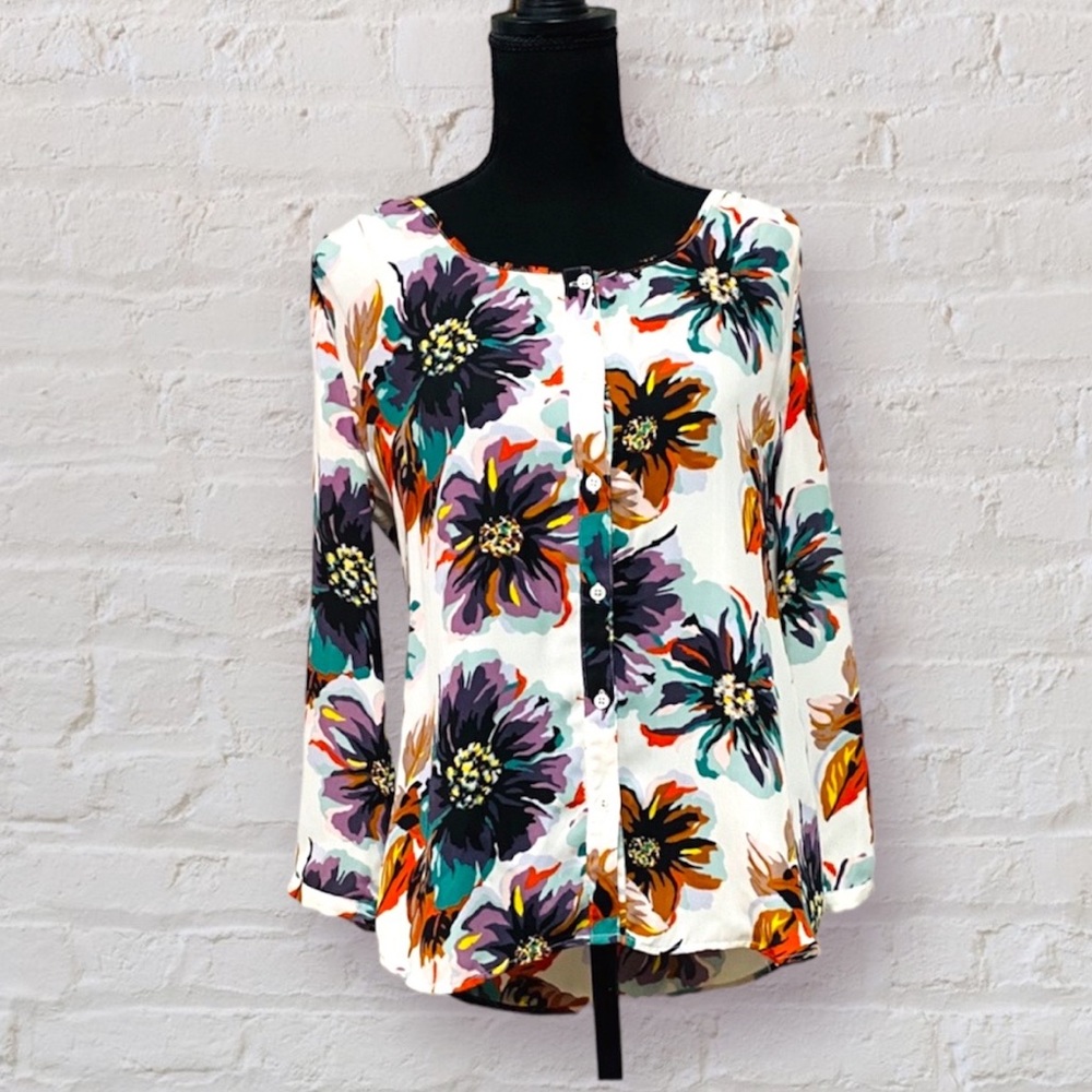 Lands End White Floral Button Down Blouse Size 6